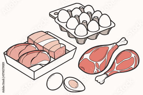 Fresh Chicken Meat and Eggs – Minimal Flat Vector Illustration for Healthy Cooking