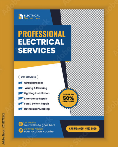 Electrical and Electrician Services Flyer and Poster Design Template for Wiring Repair Lighting Installation Power Maintenance and Residential Home Improvement Advertisement