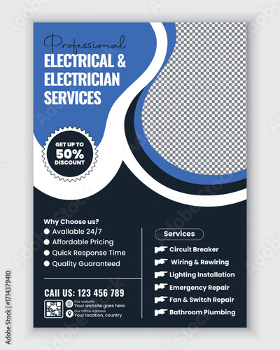 Electrical and Electrician Services Flyer and Poster Design Template for Wiring Repair Lighting Installation Power Maintenance and Residential Home Improvement Advertisement
