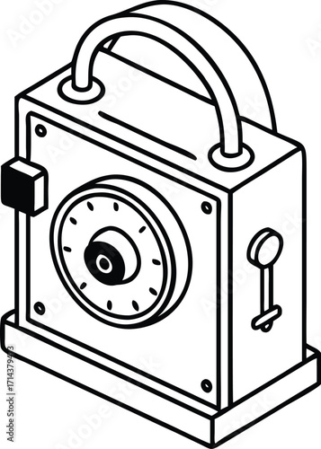 Retro portable radio with dial and handle line art icon for security and communication vector