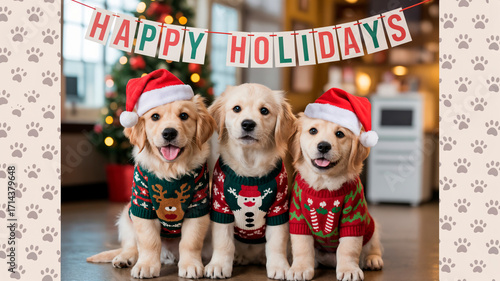 Pet Shop Christmas Banner. Three adorable golden retriever puppies wearing Christmas sweaters and Santa hats, holiday greeting, a festive celebration concept