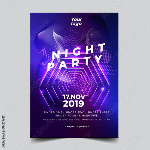 Night dance party music night poster template. Electro style concert disco club party event flyer invitation