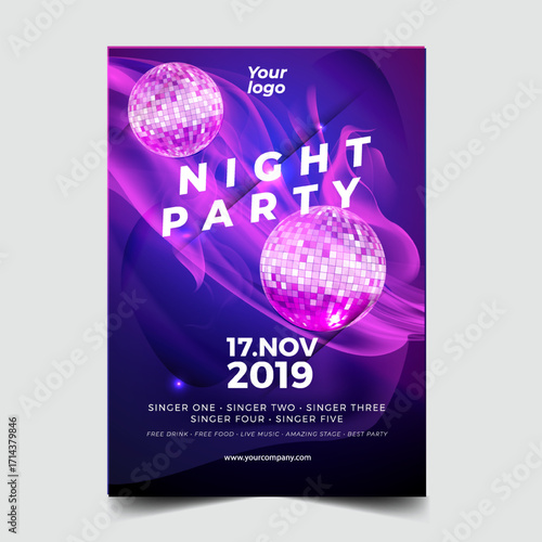Night dance party music night poster template. Electro style concert disco club party event flyer invitation