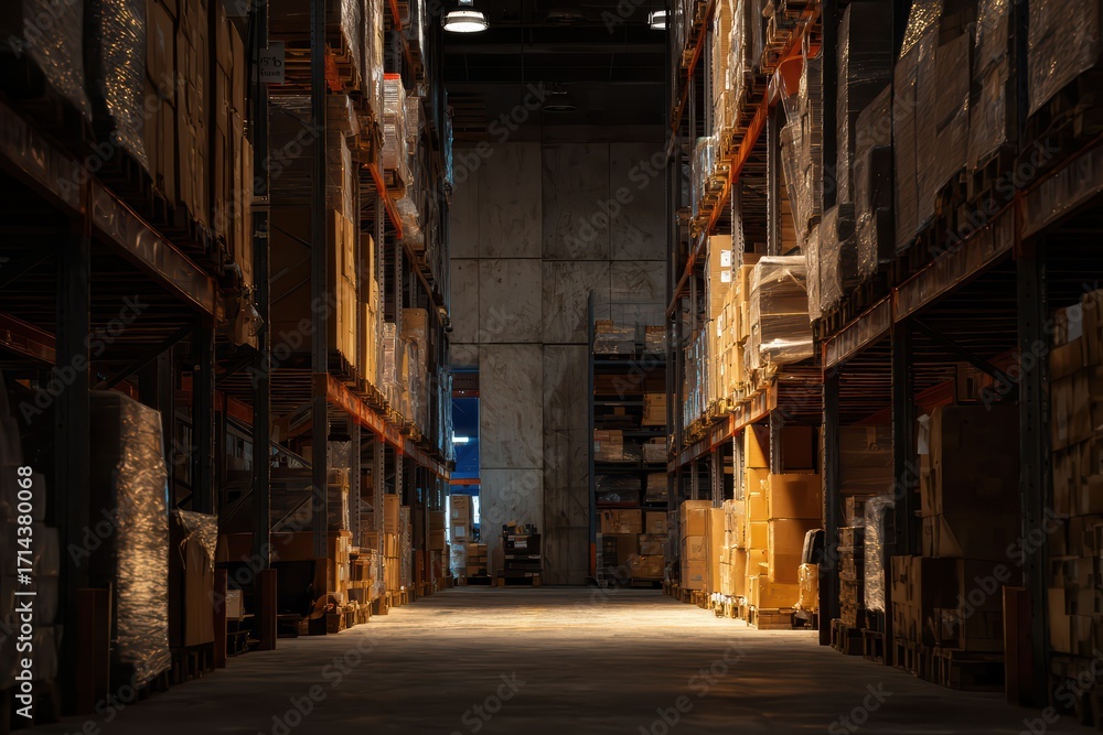 Fototapeta premium Rows of tall industrial racks stacked with goods illustrate the core of modern supply chain logistics and distribution.