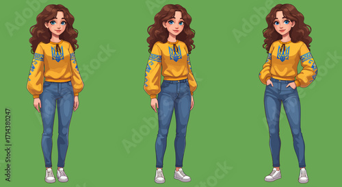 Three-quarter view illustration of a young woman wearing a yellow vyshyvanka and blue jeans, standing against a green screen, conveying a calm and peaceful mood.