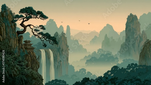Misty mountain landscape with waterfall