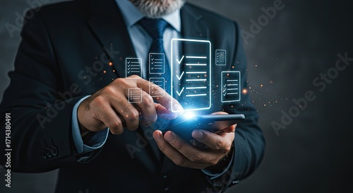 Efficient Digital Task Management: A Businessman Leveraging Technology for Optimal Checklist and Workflow Automation with Smart Device