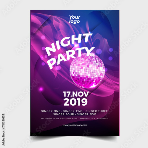 Night dance party music night poster template. Electro style concert disco club party event flyer invitation