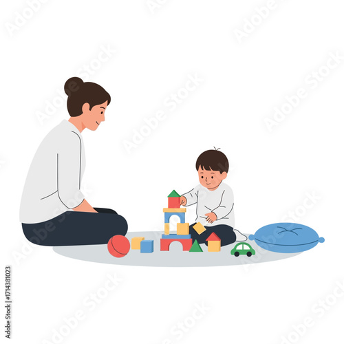 Mother and child playing with colorful building blocks together.
