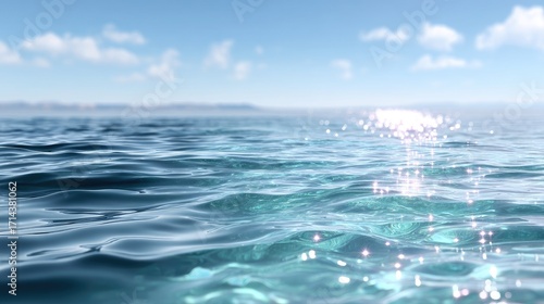 Fototapeta Naklejka Na Ścianę i Meble -  Sunlit Ocean Surface with Blue Water Ripples and Distant Shoreline Under Bright Sky