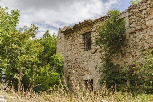 View of sun-drenched stone ruins standing defiant against the encroachment of verdant foliage, a poignant dance of decay and renewal in Frattura Vecchia, Abruzzo, Italy.