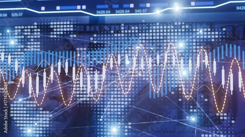 A computer screen displays a map of the world with dollar signs scattered throughout. The dollar signs are connected to the map, creating a visual representation of the global economy