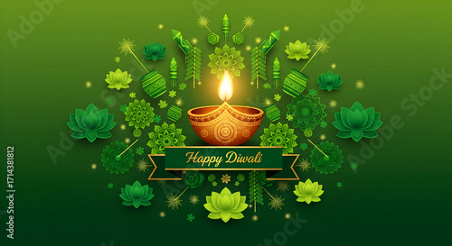 Happy Diwali Green Background with Diya, Lotus Flowers & Fireworks