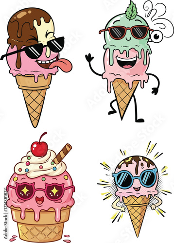 Cute ice cream cartoon characters with sunglasses, kawaii dessert illustration, funny cone art, sweet food design, adorable ice cream drawing, playful summer treats