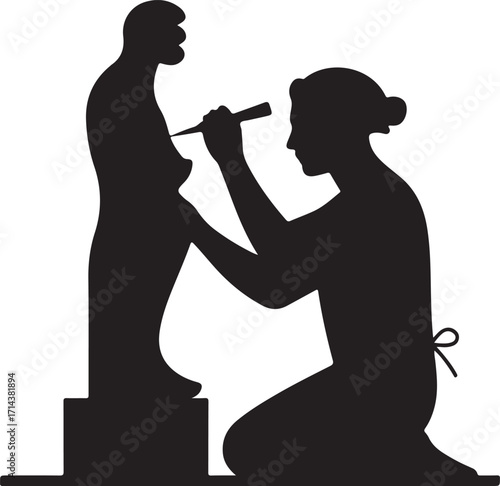  Black silhouette of a sculptor carving statue on a white background, clean style