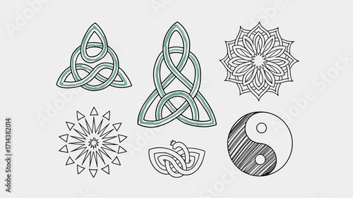 Vector line art illustration of Celtic knot, mandala, and yin yang symbols – Ideal for spirituality branding, cultural education, or wellness content