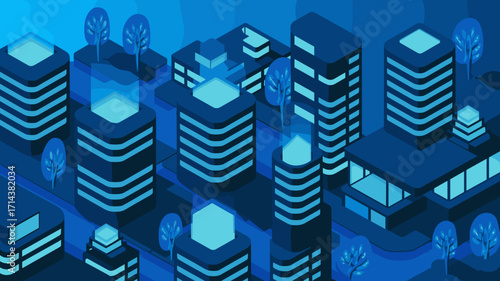 Isometric vector illustration of glowing futuristic cityscape with trees – Ideal for technology branding, smart city concepts, or environmental urban design