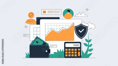Flat vector illustration of fintech app interface with wallet, graph, and calculator – Suitable for finance apps, business dashboards, and technology design concepts