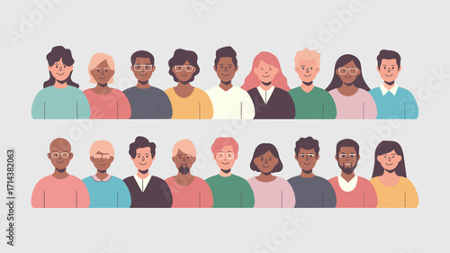 Vector illustration of inclusive minimal avatars with diverse genders, ethnicities, and body types – Perfect for diversity campaigns, digital platforms, or social identity content