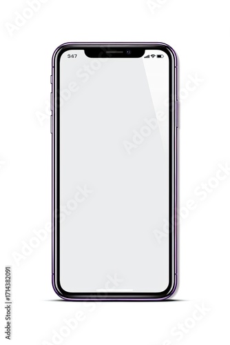 A digital illustration of a smartphone with a blank screen,  featuring a sleek, purple frame and subtle shadow underneath, isolated against a white background