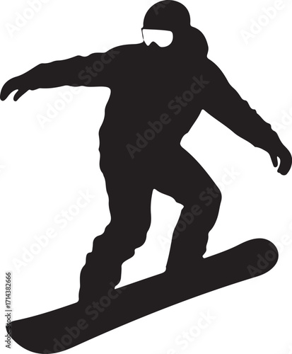 Black silhouette of a snowboarder on a white background, minimal vector