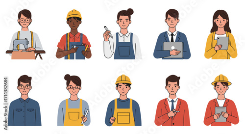 Flat lay illustration of diverse professionals holding tools and devices against a white background, conveying a positive and inclusive mood.