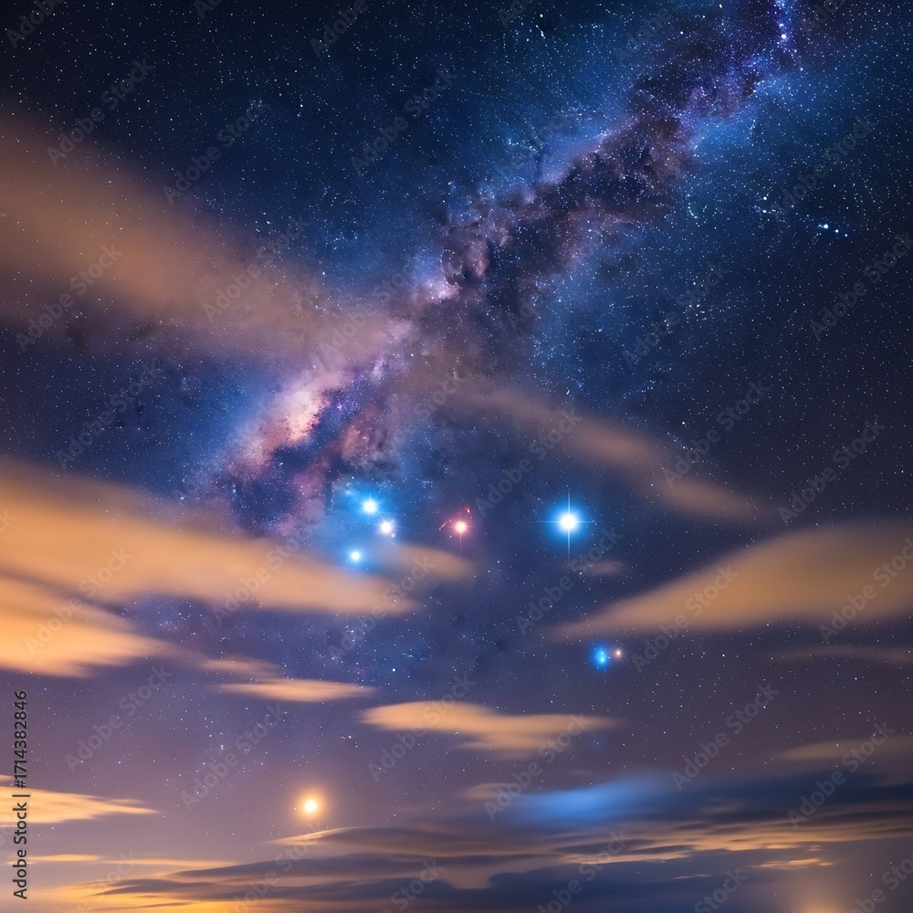Obraz premium A breathtaking view of the Milky Way stretching across a night sky, dotted with countless stars and ethereal clouds.