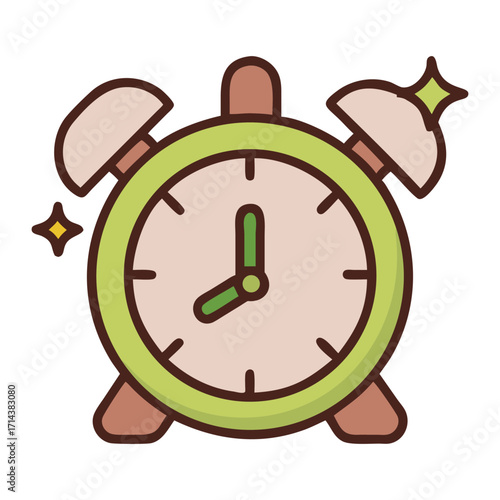 A cute cartoon alarm clock with a green face brown legs and bells ringing with sparkling stars indicating wake up time and morning routine
