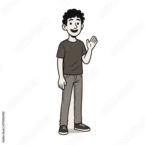 Man Waving – Simple Full-Body Character (B/W)