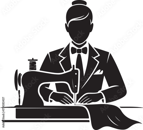 Black silhouette of a tailor sewing on a white background, clean vector