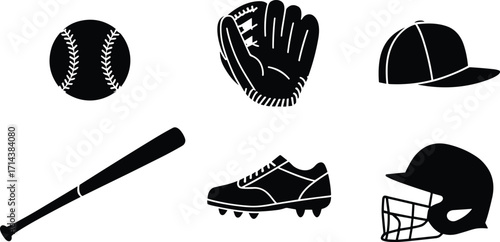 Baseball equipment silhouette set including bat, ball, glove, cleats, helmet, and cap, isolated vector icons for sports, training, game design resources