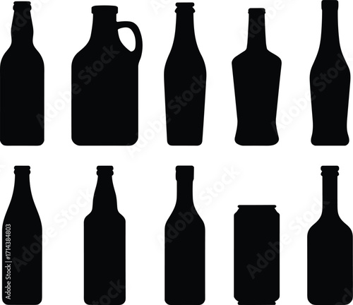 Beer bottles and beverage containers silhouette vector set, including glass bottles, cans, drink packaging shapes, isolated black icons for design use