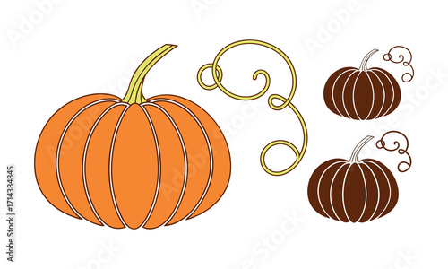 A large vibrant orange pumpkin with a green stem sits next to two smaller brown pumpkins and a curly vine with leaves on a white background representing autumn harvest and halloween