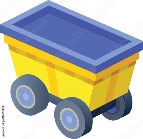 Yellow mine cart with blue top and gray wheels in isometric view vector
