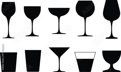 Collection of different drinking glass silhouettes vector illustration, wine glass, cocktail glass, champagne glass, beer glass, martini glass, and beverage cup design