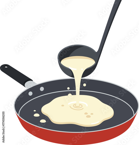 Simple Flat Illustration of Ladle Pouring Batter into Skillet for Cooking Pancake