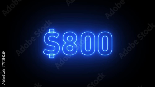 Blue Neon Dollar Sign and Number 800 Glowing on Black Background 800 dollars money