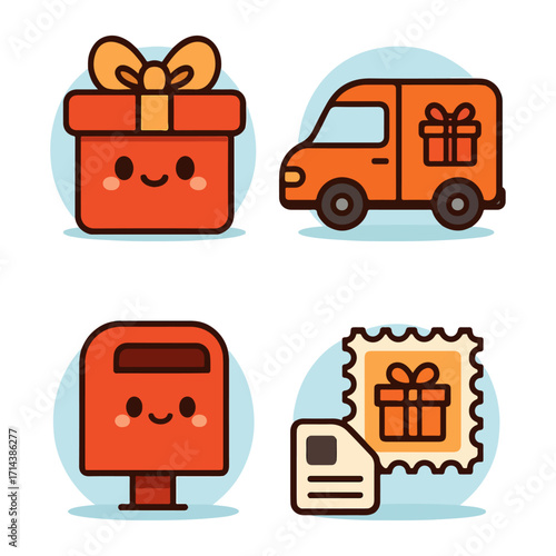 Delivery & Gift Icons Set — Shipping / Postbox / Truck / Stamp
