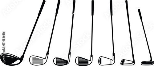 Collection of golf clubs illustration showing different types including driver, iron, wedge, and putter, black silhouette design, sports equipment, golfing, competition, leisure