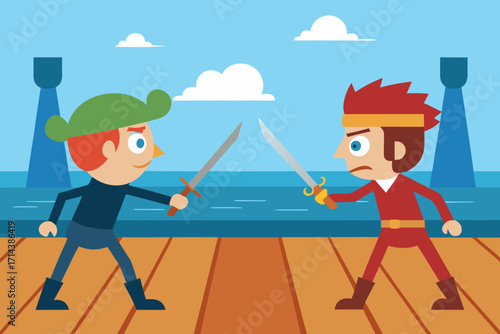 Cartoon duel on a ship deck vector illustration