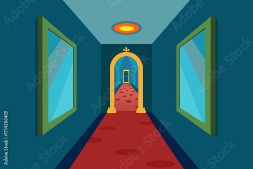 Cartoon funhouse mirror hallway vector illustration