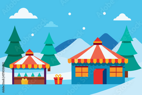 Cartoon winter marketplace vector illustration
