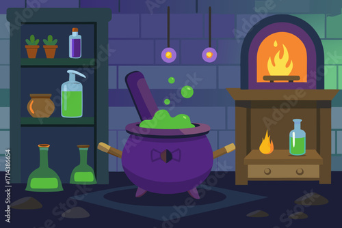 Cartoon magical potion brewing room vector illustration
