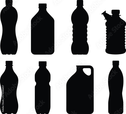 Collection of plastic bottle silhouettes, water container, beverage packaging, recycling symbol, black vector illustration isolated on white background, drink storage and eco concept