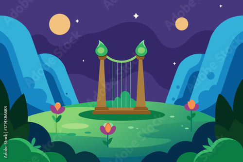 Cartoon enchanted harp in a glade vector illustration