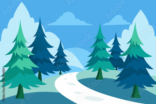 Cartoon frosty evergreen forest vector illustration