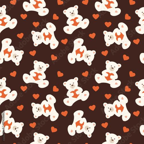 Cute seamless pattern with playful teddy bears surrounded by vibrant hearts, creating a warm and inviting scene. Perfect for kids' rooms or Valentine's decor