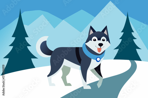 Cartoon husky sled dog trail vector illustration
