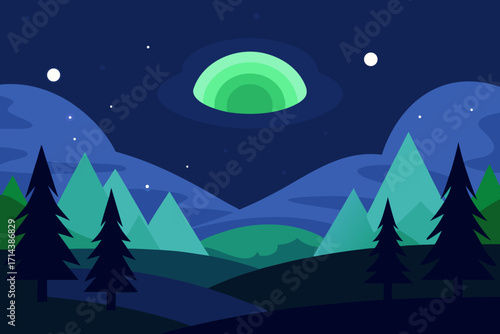 Cartoon aurora night forest vector illustration