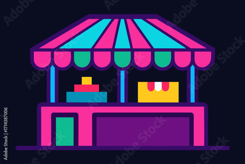 Cartoon neon market stalls vector illustration